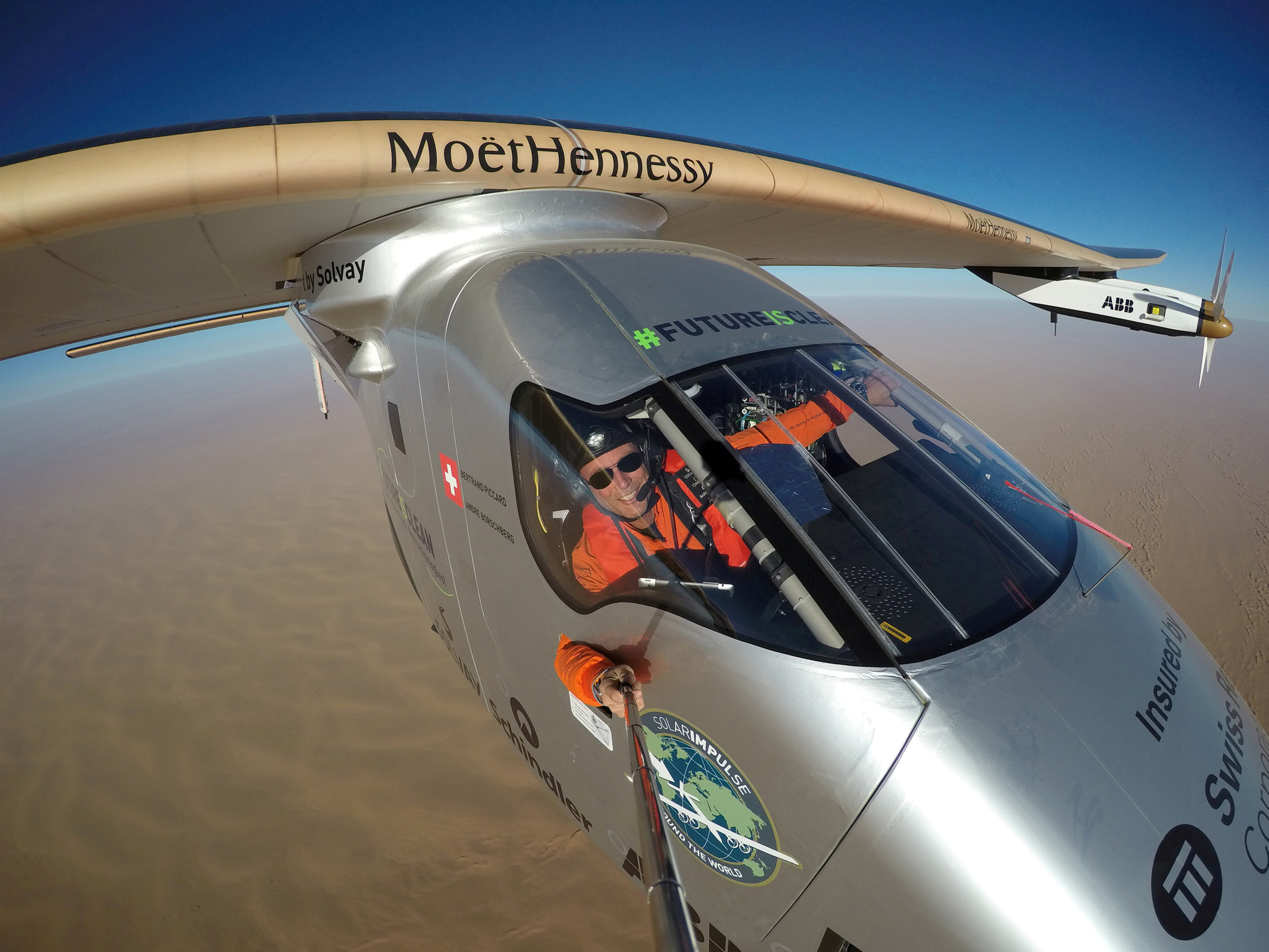 Selfie picture shows Swiss pioneer Bertrand Piccard during the last leg of the round the world trip with Solar Impulse 2 over the Arab peninsula